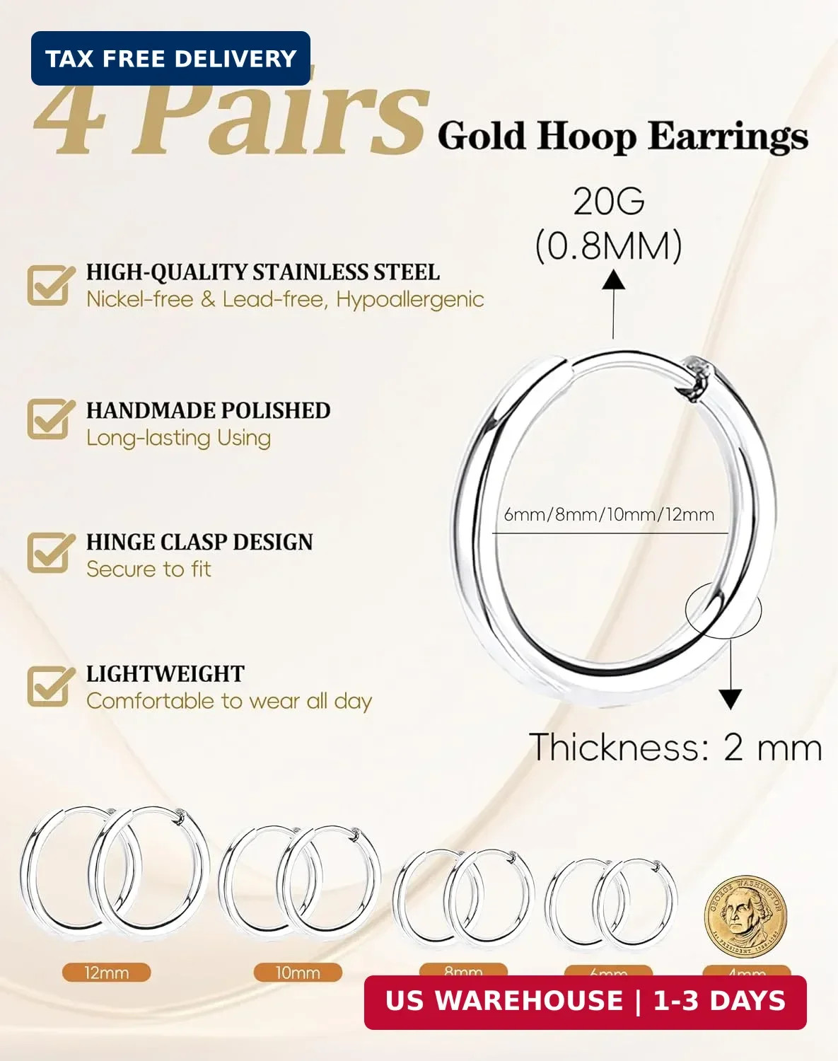 Small Huggie Hoop Earrings for 6mm, 8mm, 10mm, 12mm, Silver -6/8/10/12mm