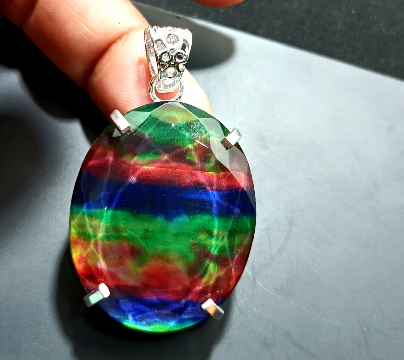 Loose OVAL 96.70 Ct Natural Ammolite 925 Solid Silver Rainbow PENDANT Gemstone