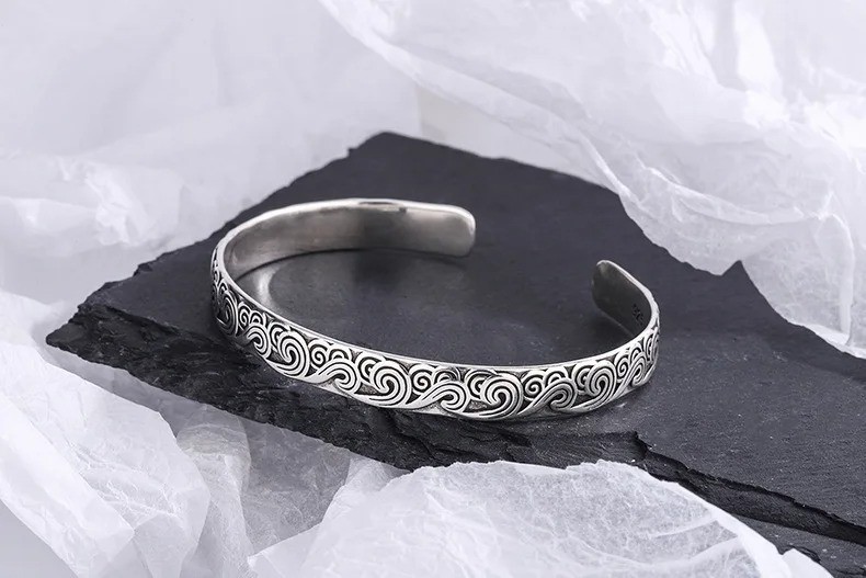 925 Sterling Silver Wave Bracelet Retro Adjustable Bangle Women Jewelry Gift