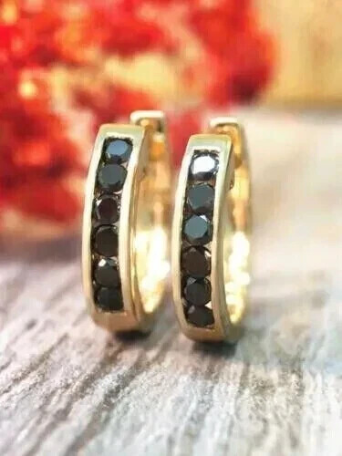 0.90Ct Round Black Simulated Diamond Huggie Hoop Earrings 14K Yellow Gold Plated