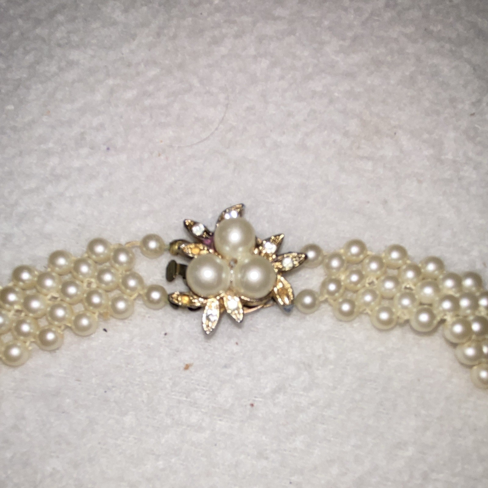 Vintage Ivory Faux Pearl & Crystal Beaded Bib Necklace, Gold Tone Lock Clasp