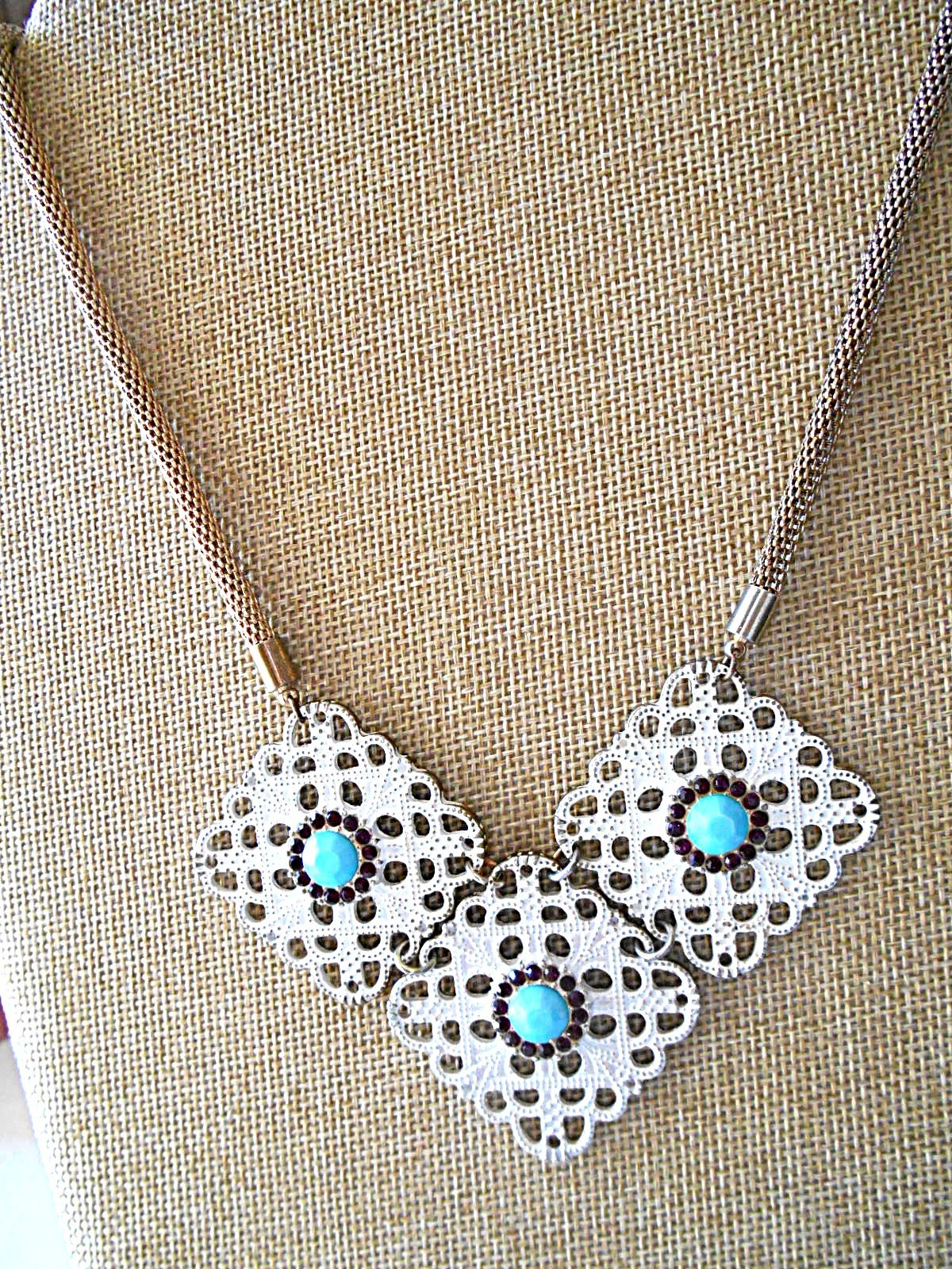 Bronzetone White & Teal Bib Necklace