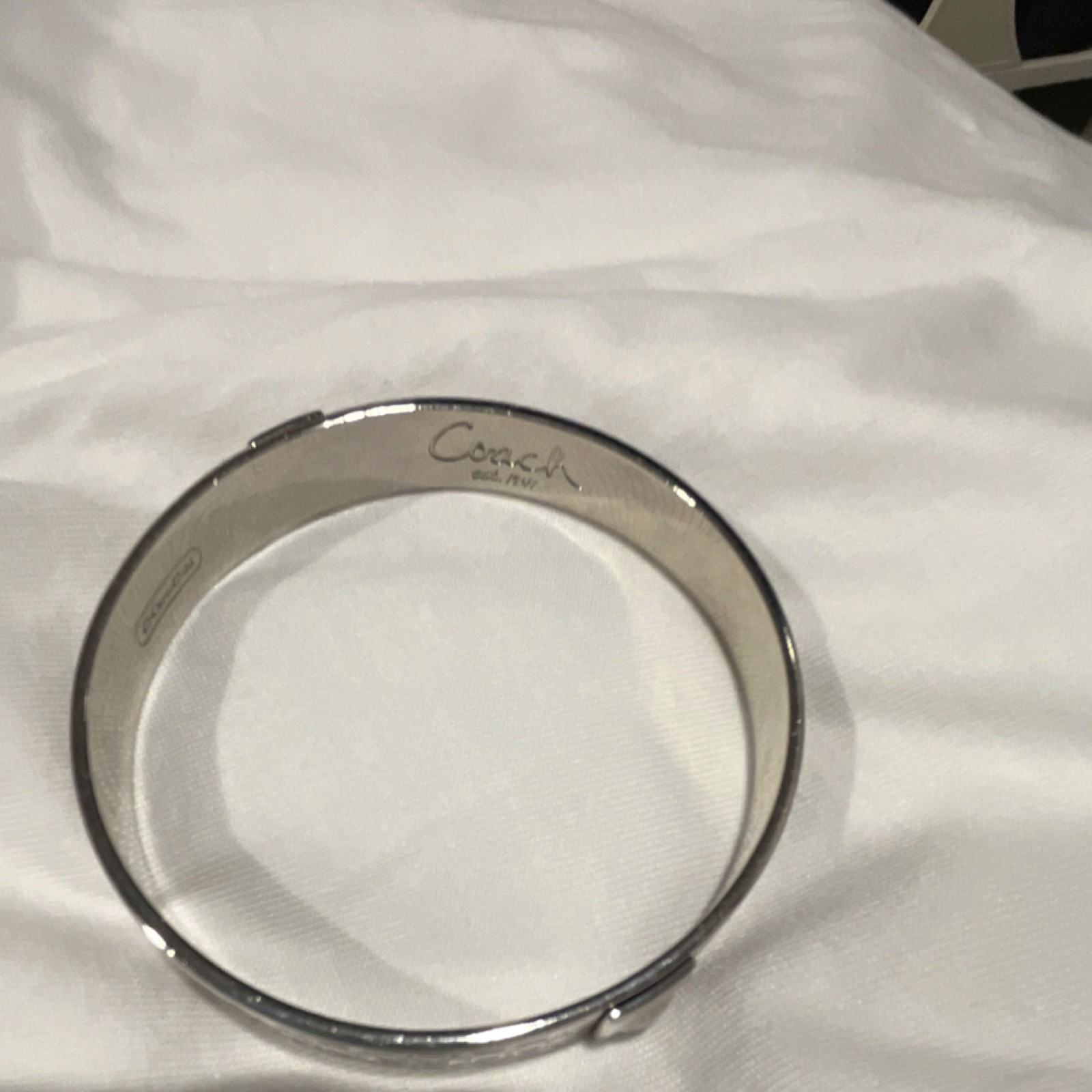 Coach Silver Red Metal Bangle Bracelet Push Lock Round Signed
