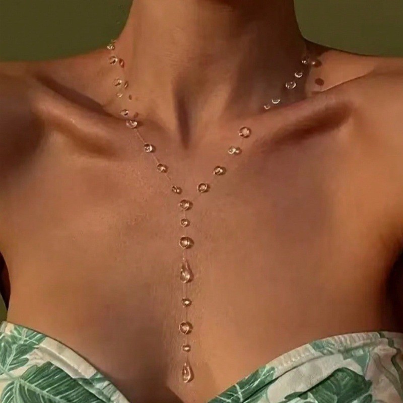 Clear Dew Drop Necklace Simple Lariat Chain Minimalist Glass Pendant Choker