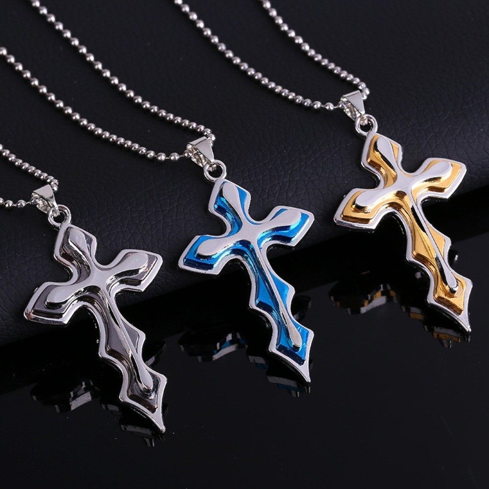 Men Blue Black Gold Stainless Steel Three-layer wave Cross Pendant Necklace Gift