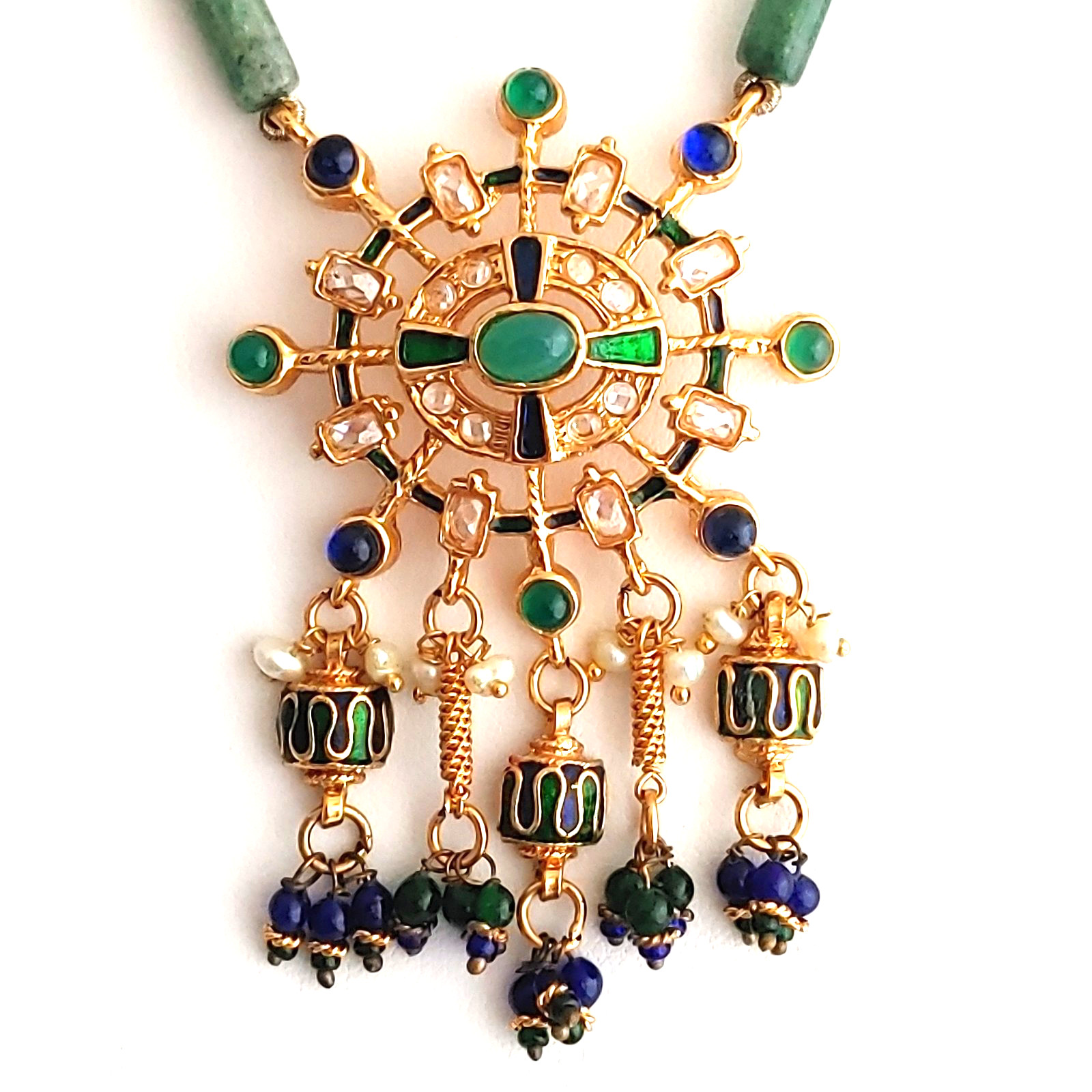 Ornate Gold Tone Green Blue Pendant Necklace Beaded Stone Freshwater Pearls 16”