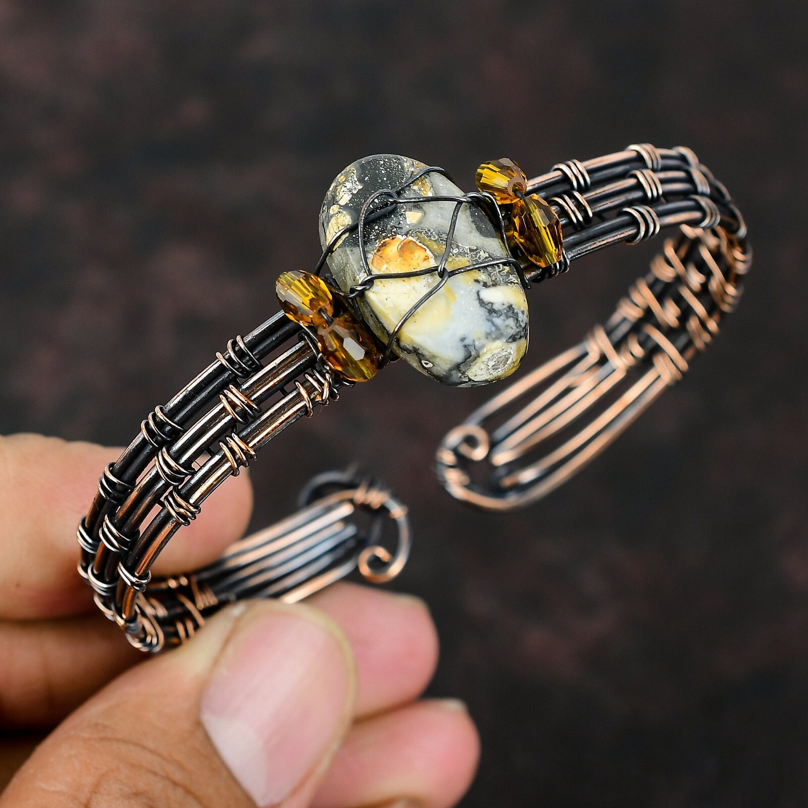 Gift For Her Maligano Jasper Wire Wrapped Adjustable Bangle Copper Jewelry