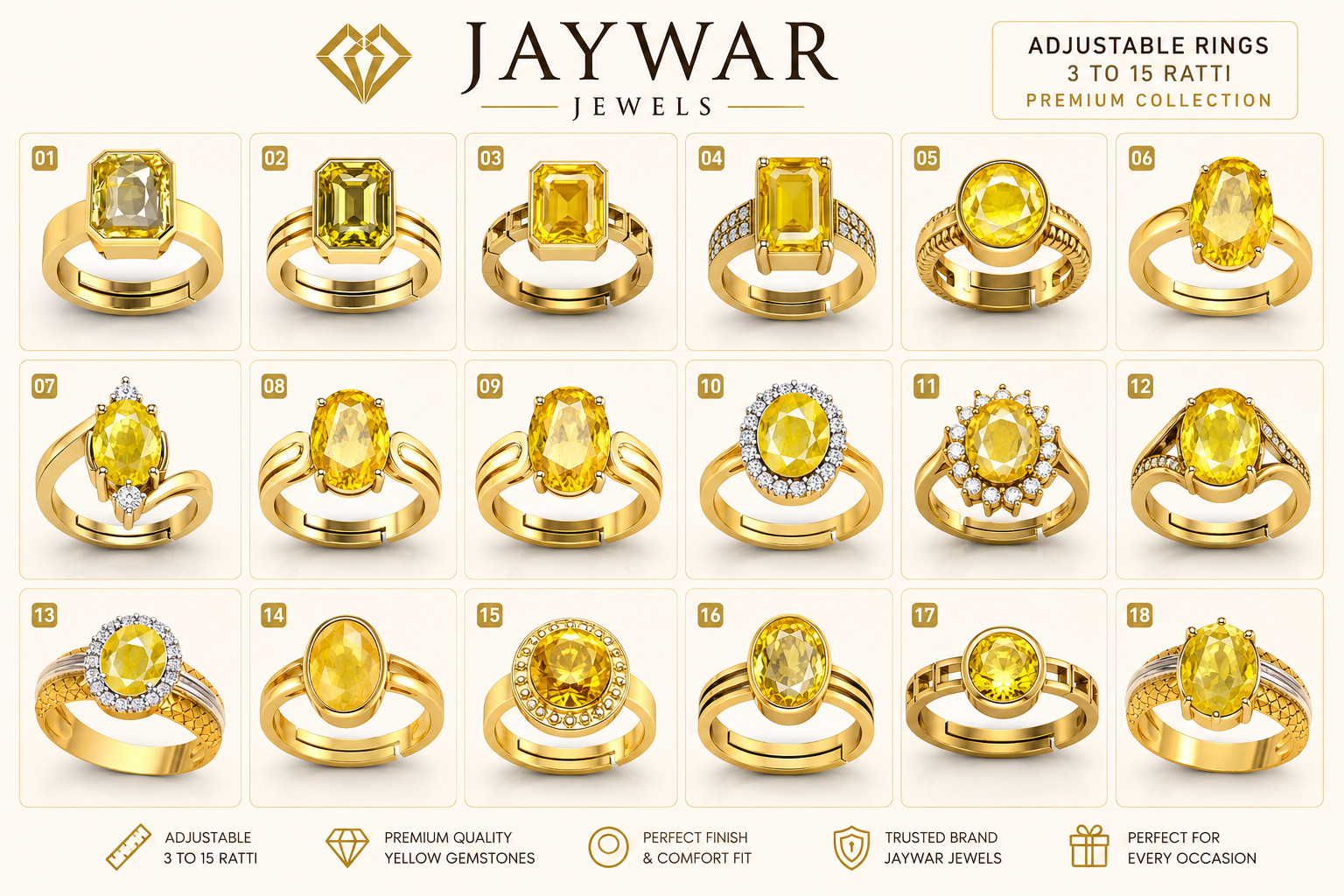 Jaywar Adjustable Yellow Sapphire Ring Unisex 3-15 Ratti Gold Tone