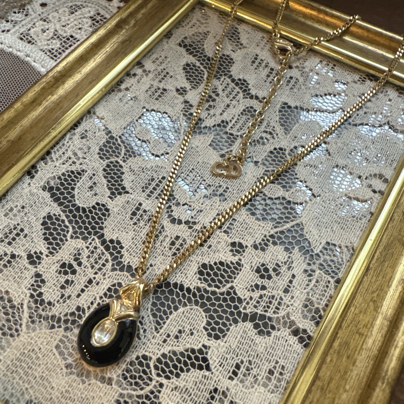 Vintage Christian Dior Black Enamel Rhinestone Necklace Gold Germany Auth
