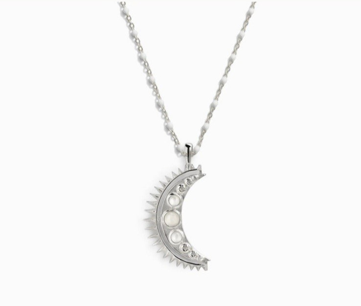 NEW Awe Inspired silver crescent moon moonstone necklace w white enamel chain