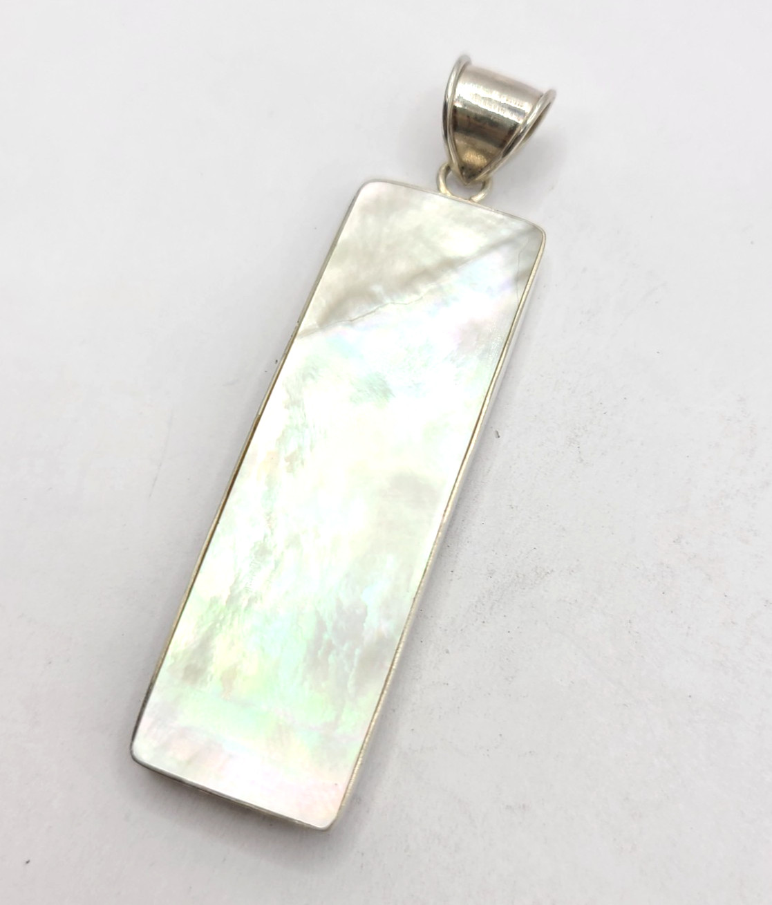 Estate Double Sided Mother of Pearl Rectangle 925 Sterling Silver Pendant