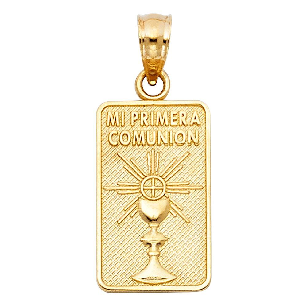 14K Yellow Gold Primera Comunion Charm Pendant &0.9mm Singapore Chain Necklace