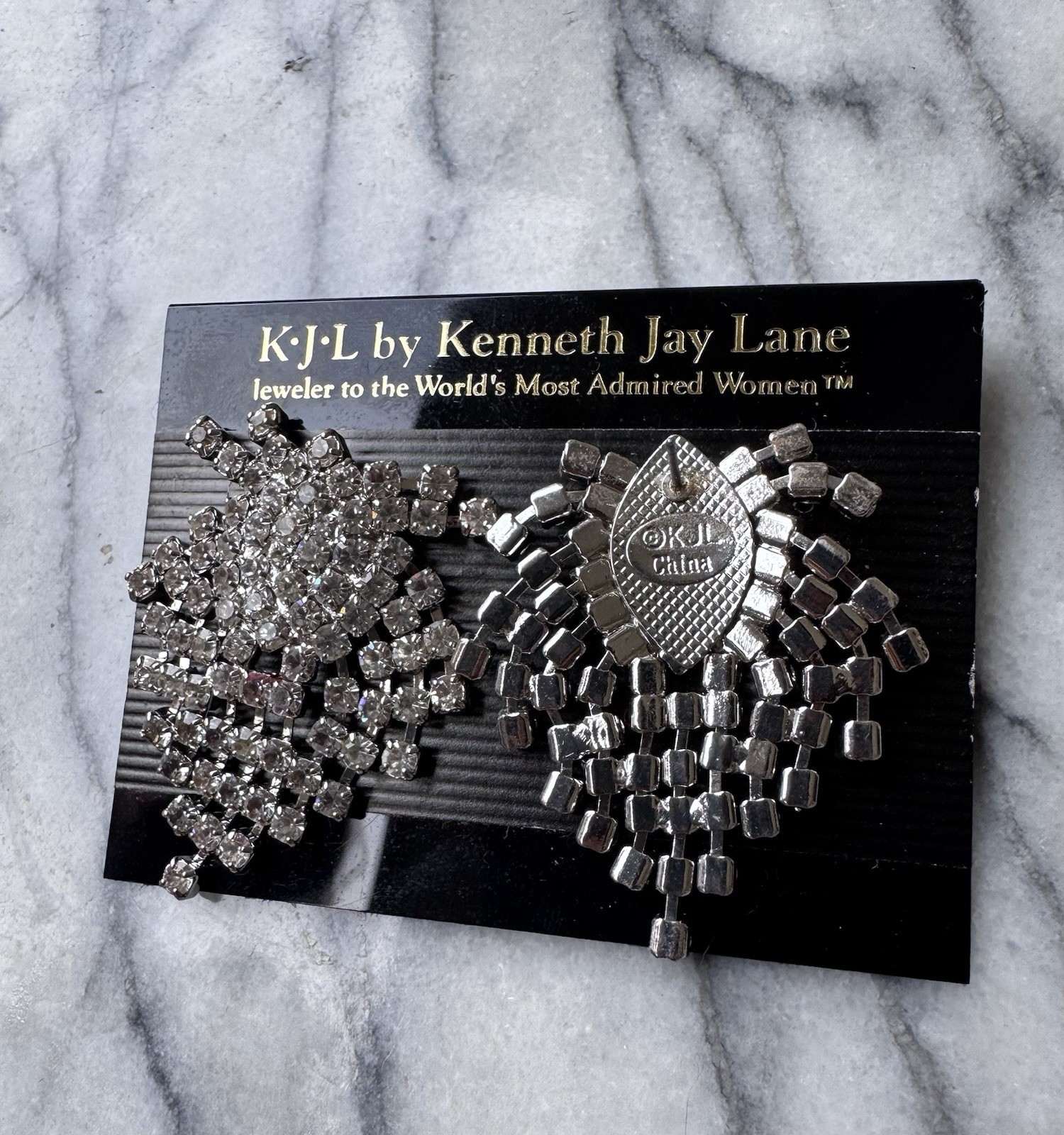 Kenneth Jay Lane Silver Tone Crystal Cluster Stud Earrings Signed