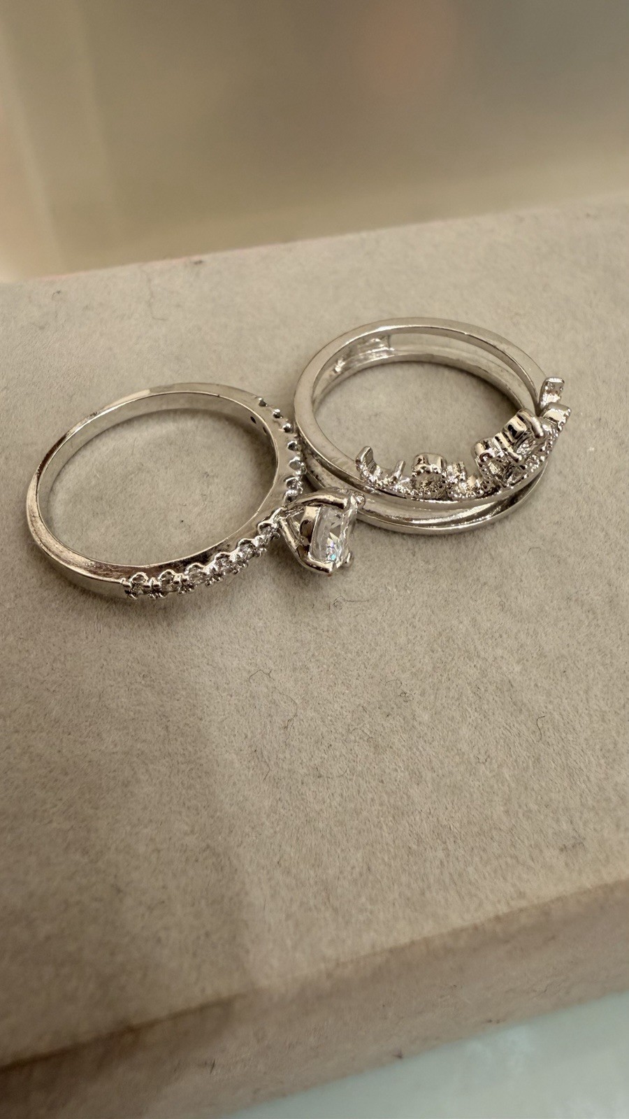 Size 7 Princess Crown Ring Set CZ Engagement Style Silver Tone Stackable Rings