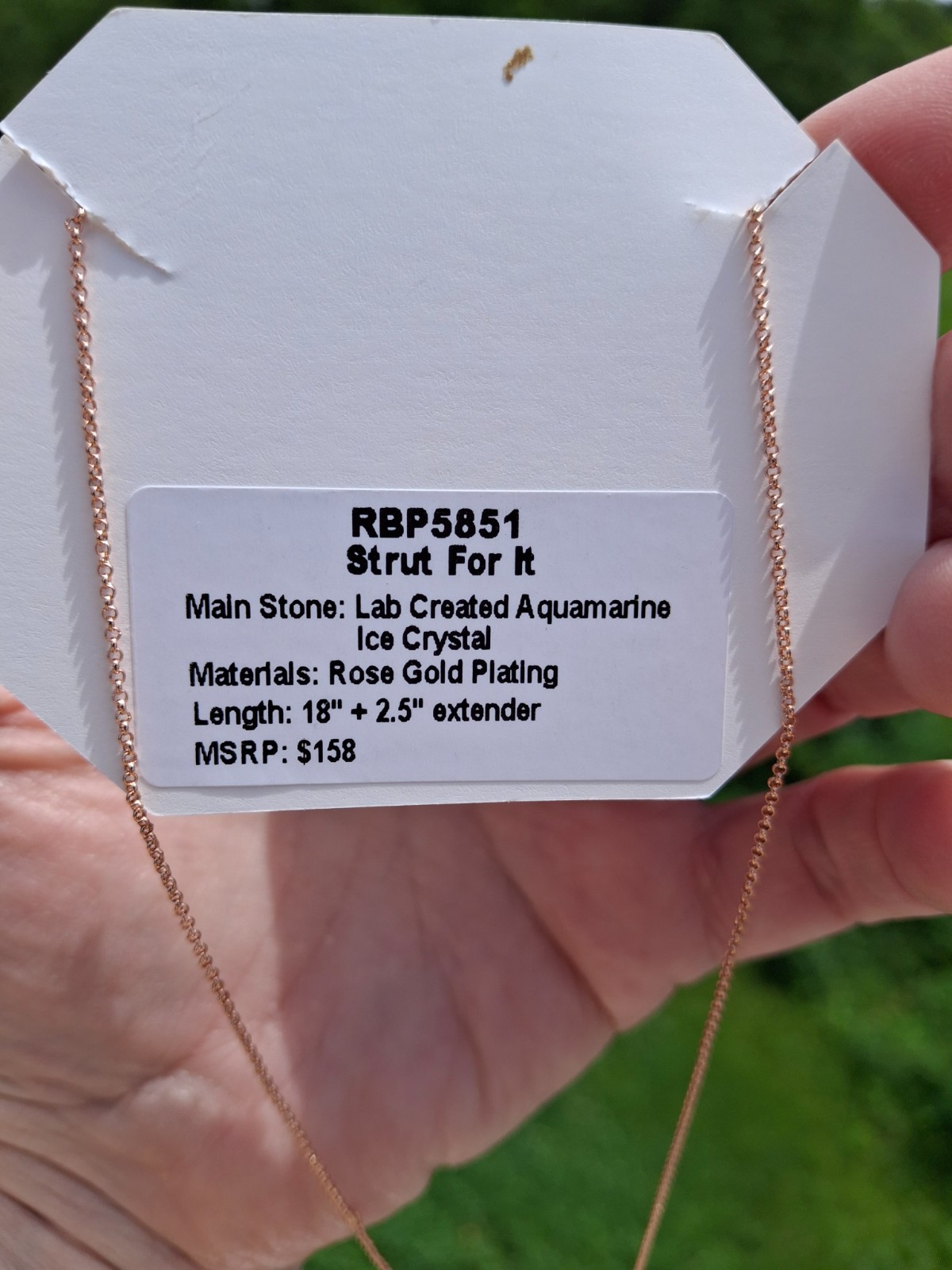 BP March 2023 Necklace with 8 Rectangle AquamarineGems on Rose Gold Chain