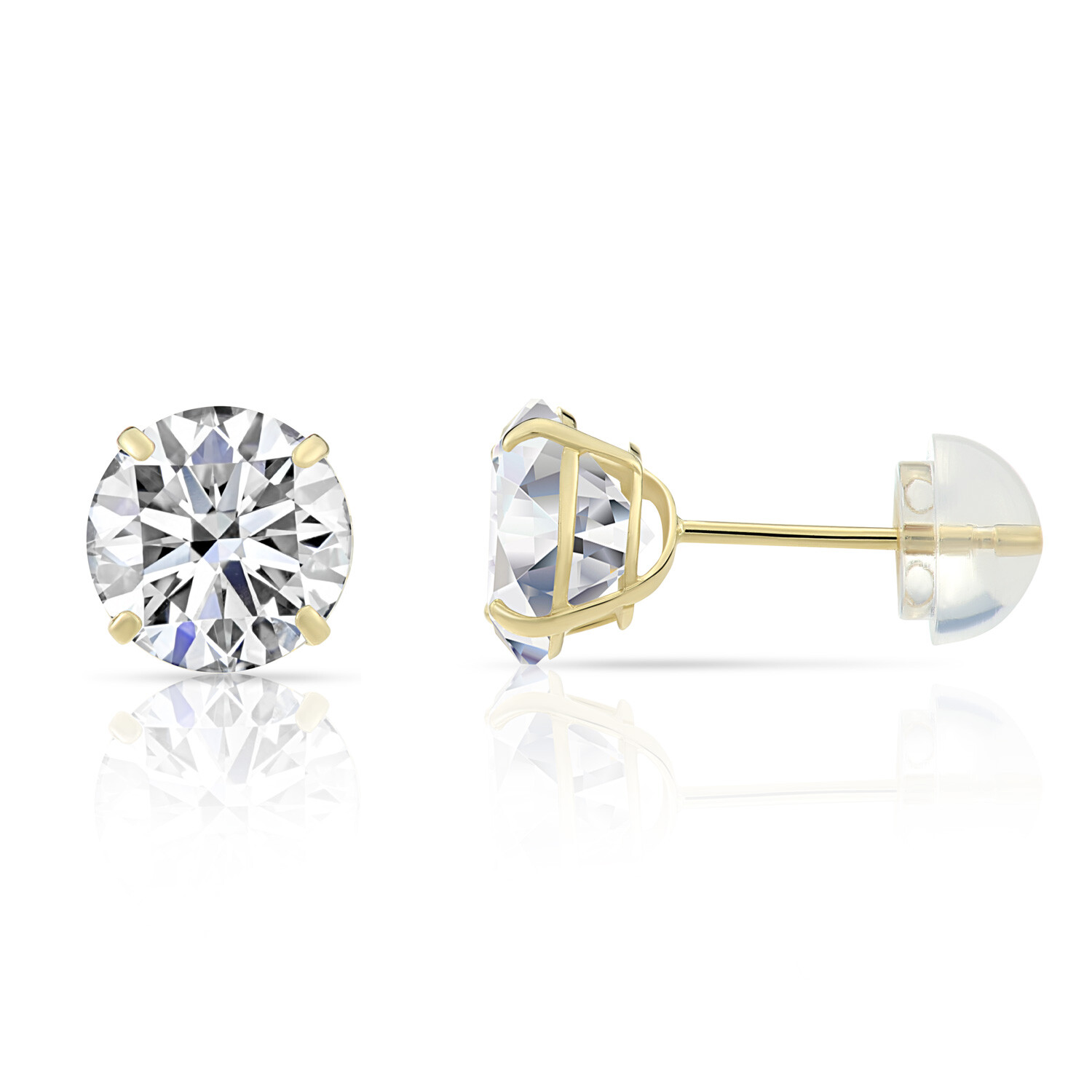 14K Real Solid Gold Solitaire Round CZ Sleeper Studs Earrings Silicone Push-back