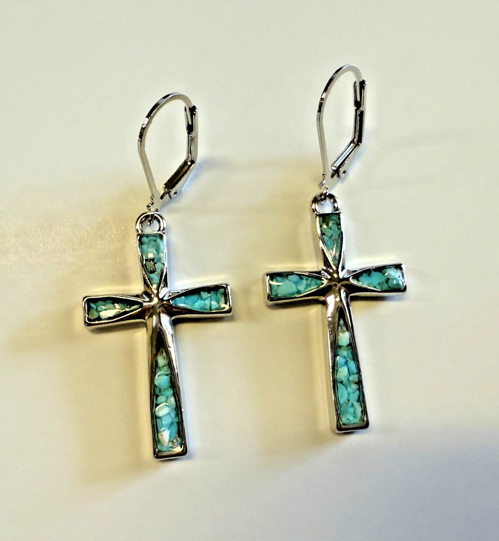 Cross with inlaid greenstones inside Earrings, New #AB-376-R2