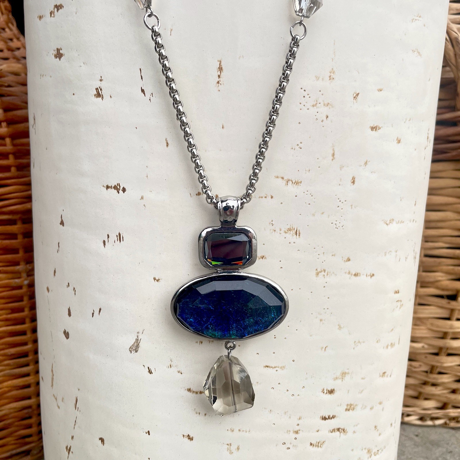 Chico’s Silver Tone Textured Chain Gray Cord Blue Jewel Charm Necklace Chic 34”