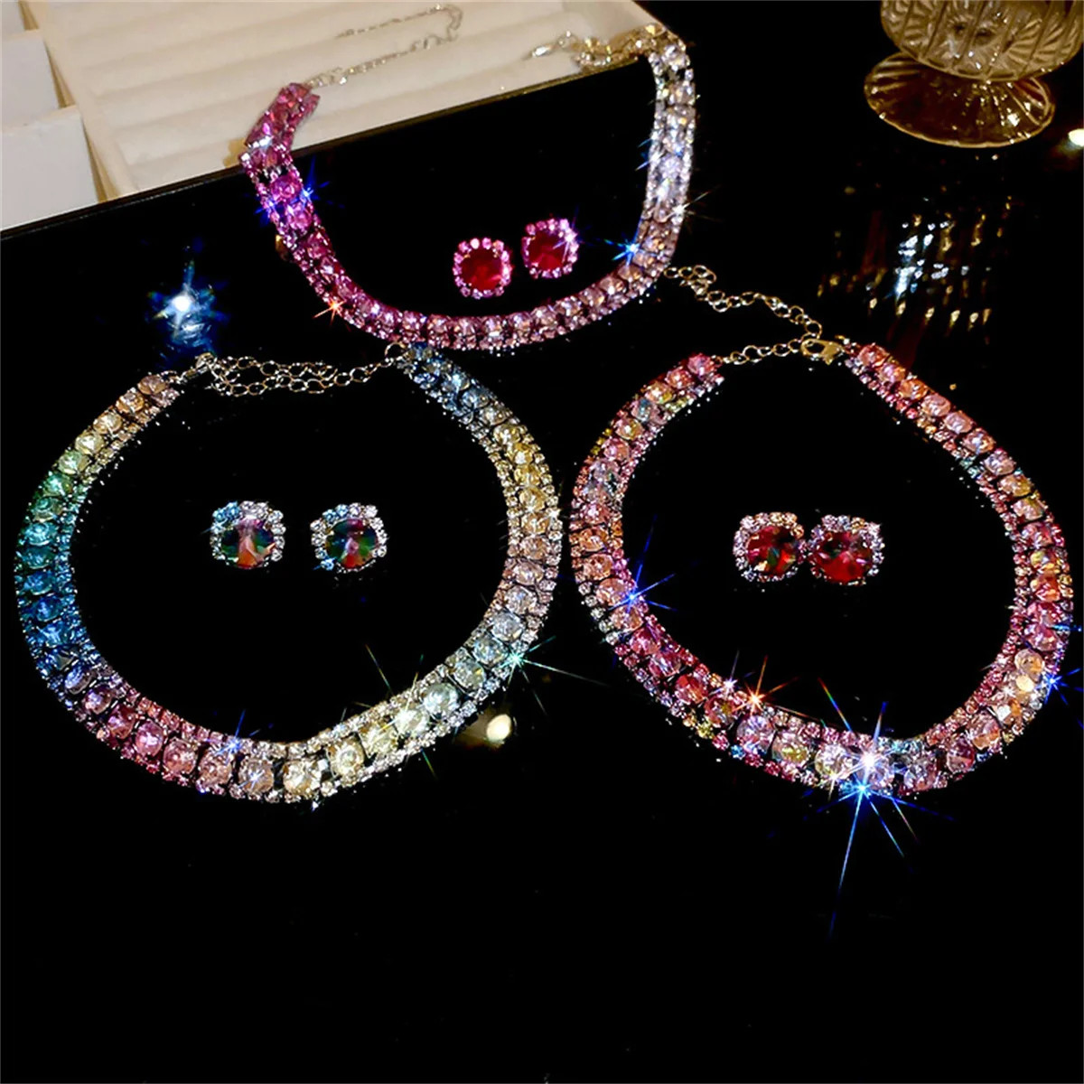 Luxury Crystal Necklace Earrings Set Pink Purple colourful Necklace