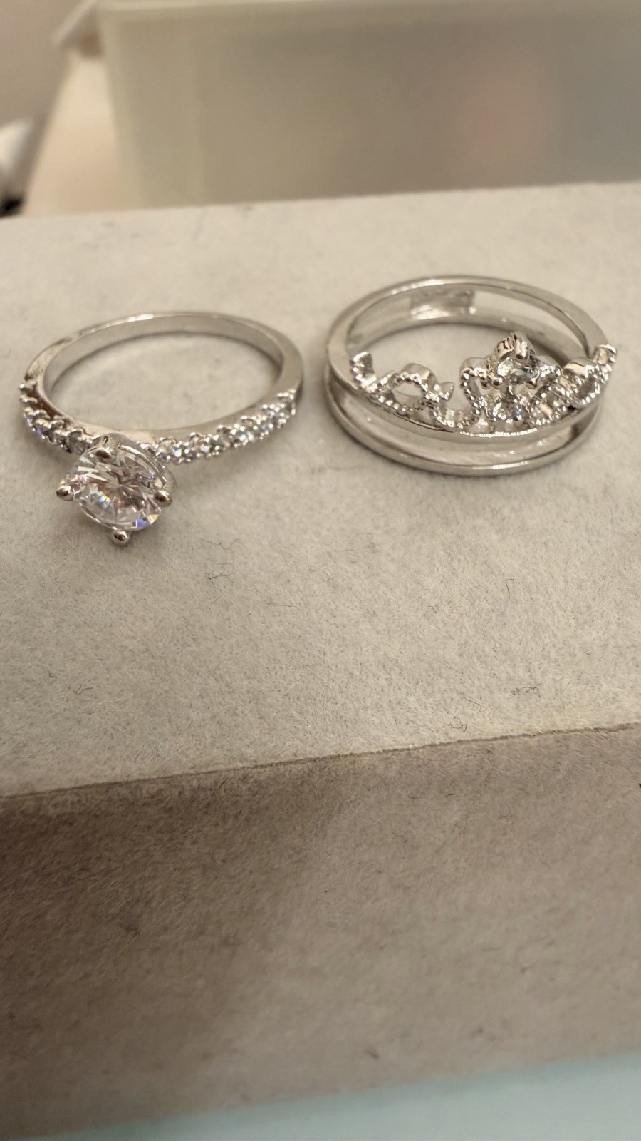 Size 7 Princess Crown Ring Set CZ Engagement Style Silver Tone Stackable Rings