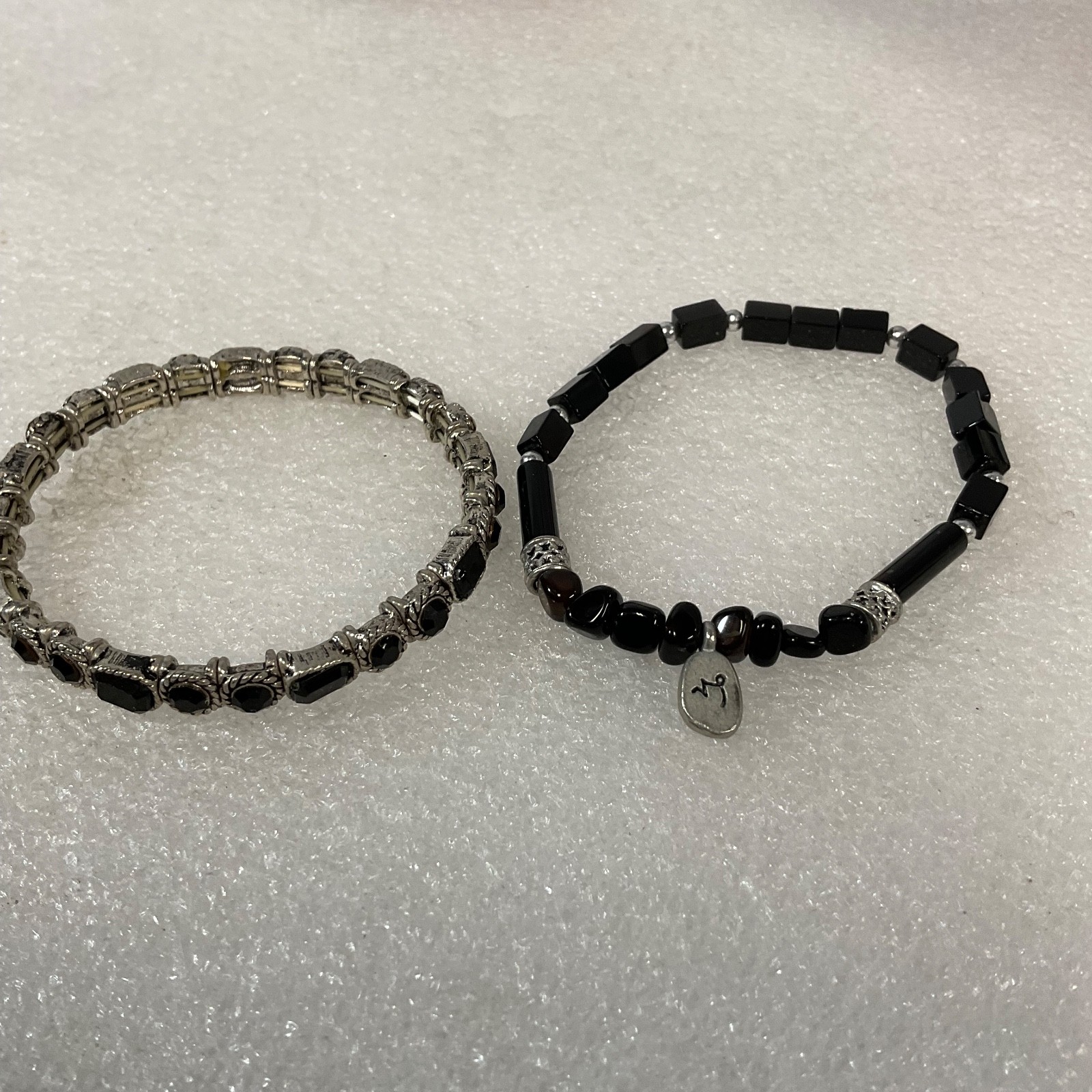 6in & 6.5in Black Beaded Bracelet Pair Silver Tone Stretch Jewelry Set