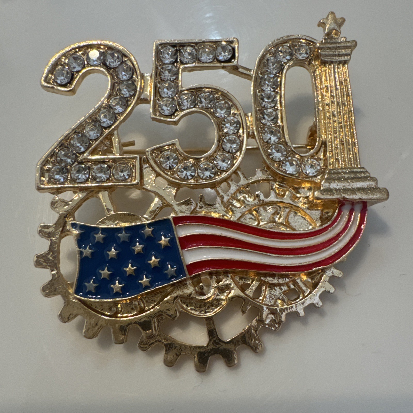USA Flag Brooch Enamel Rhinestone Independence Day 250 Year Anniversary Pin