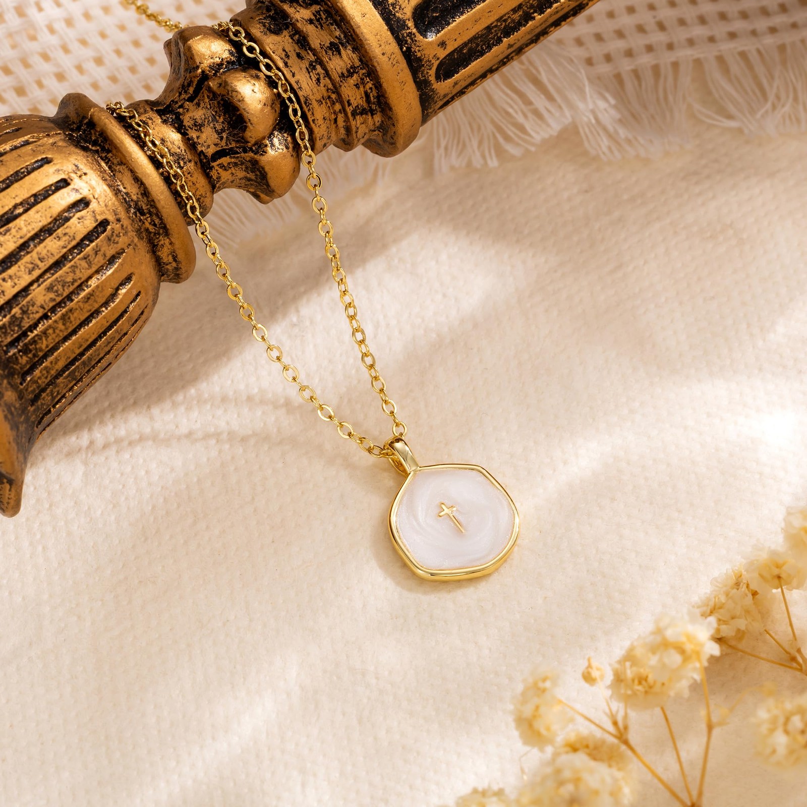 Tewiky Cross Necklace for Women-Dainty 17 inches (with extension), Gold