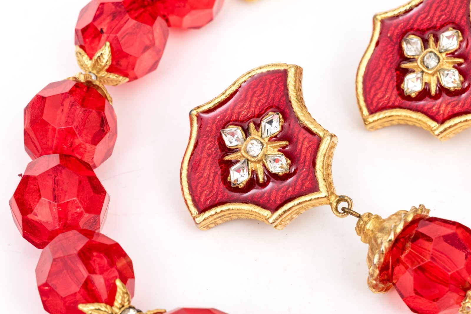 Vintage Yosca Red Glass Bead Necklace & Earring Set, Rhinestone Enamel Statement