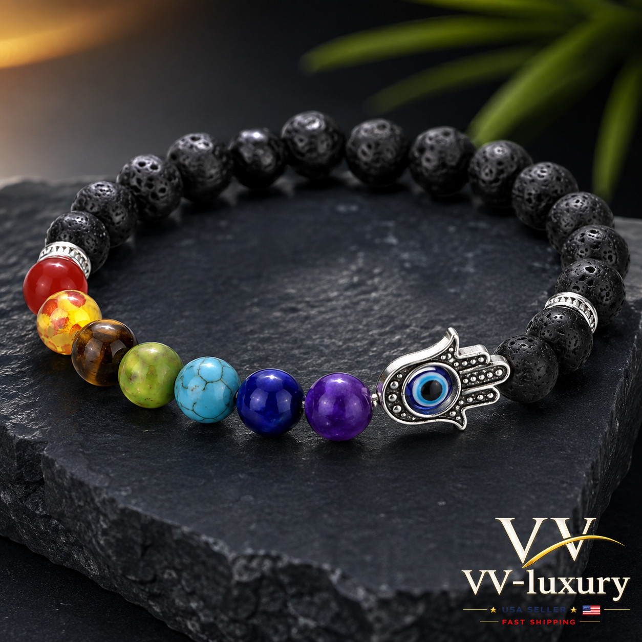 2 PCS – Lava Black Onyx Evil Eye Bracelet – 8mm Unisex Protection Bracelet