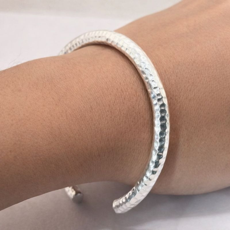 Hand Hammered Silver Cuff Bracelet | Minimalist Open Bangle | Artisan Textured