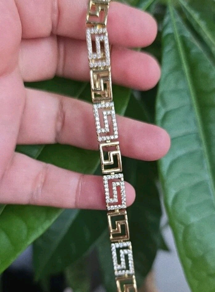 14k Gold Plated Greek Key Geometric Link Chain Bracelet, Metal, Fold-Over Clasp