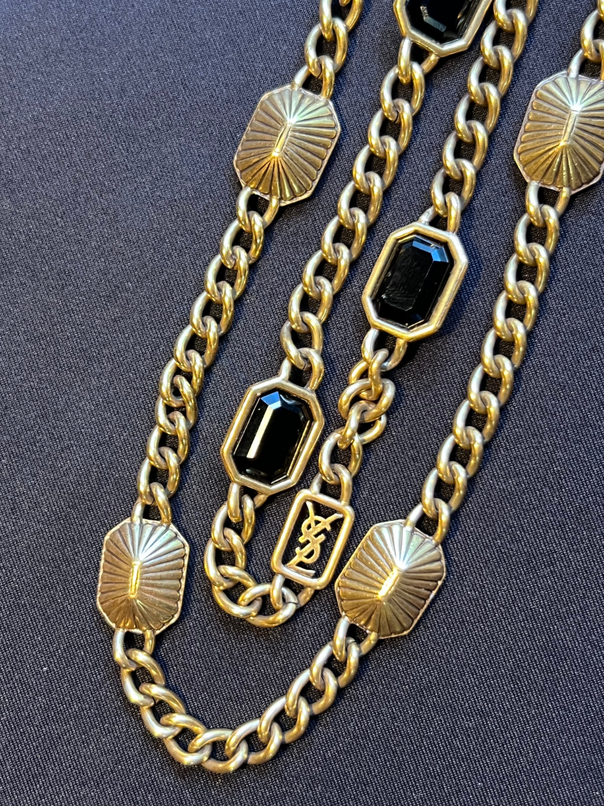 Vintage Yves Saint Laurent YSL Gold Black Cabochon 36″ Chain Necklace