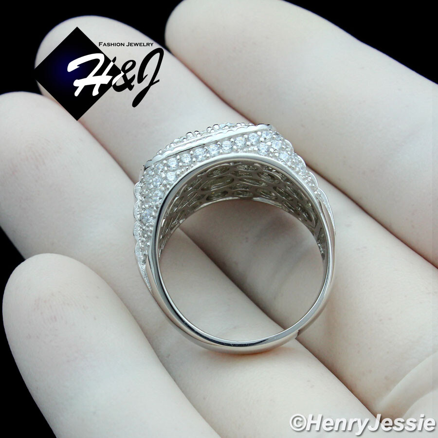MEN SOLID 925 STERLING SILVER ICY BLING CZ WATCN BAND STYLE SQUARE RING*SR169