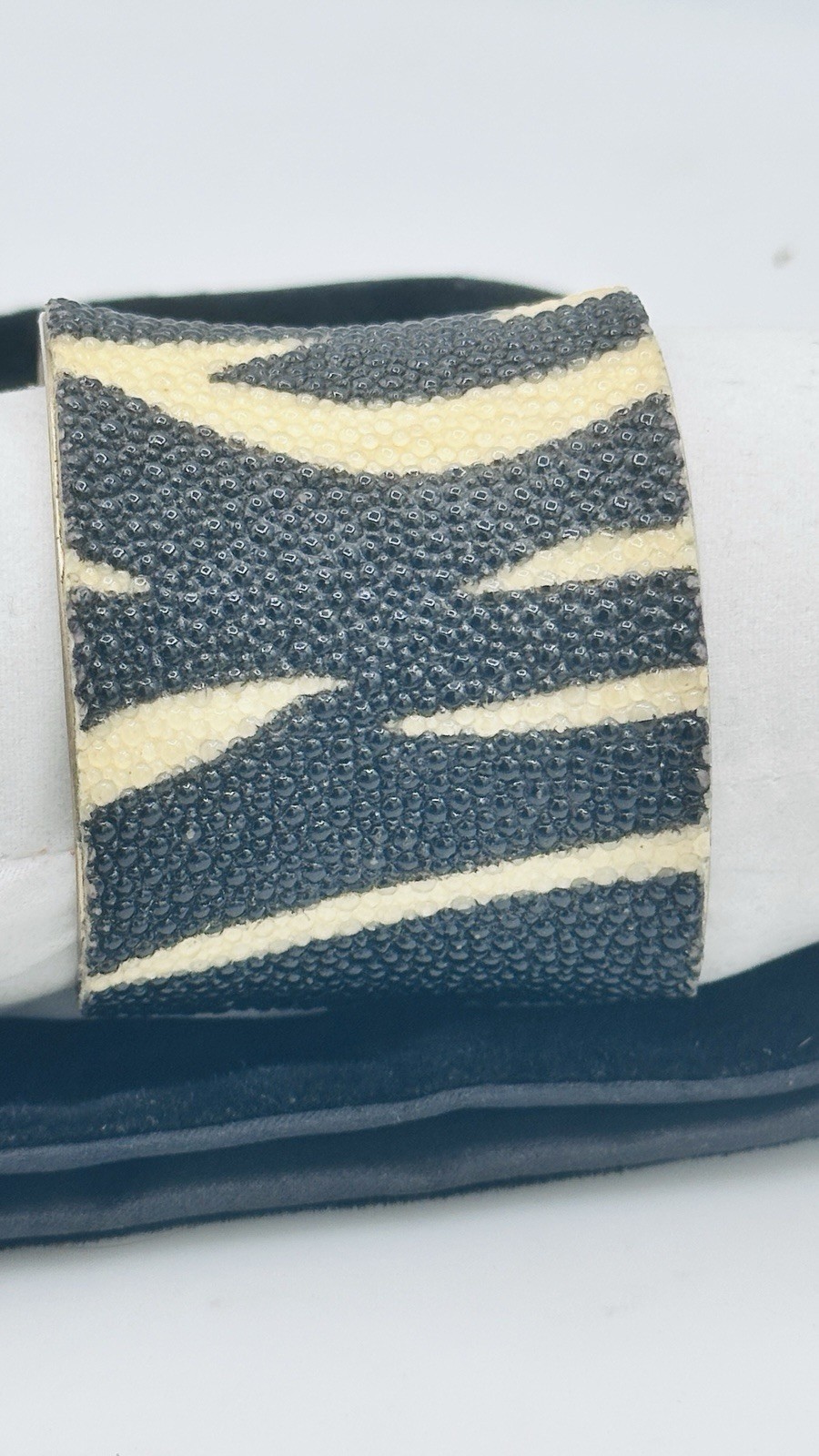 Rustic Cuff Wide Zebra Stripe Shagreen Style Cuff Black Ivory Goldtone