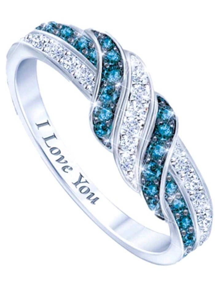 Silver Plated Zinc White/Colorless And Blue Cubic Zirconia Ring Size 7