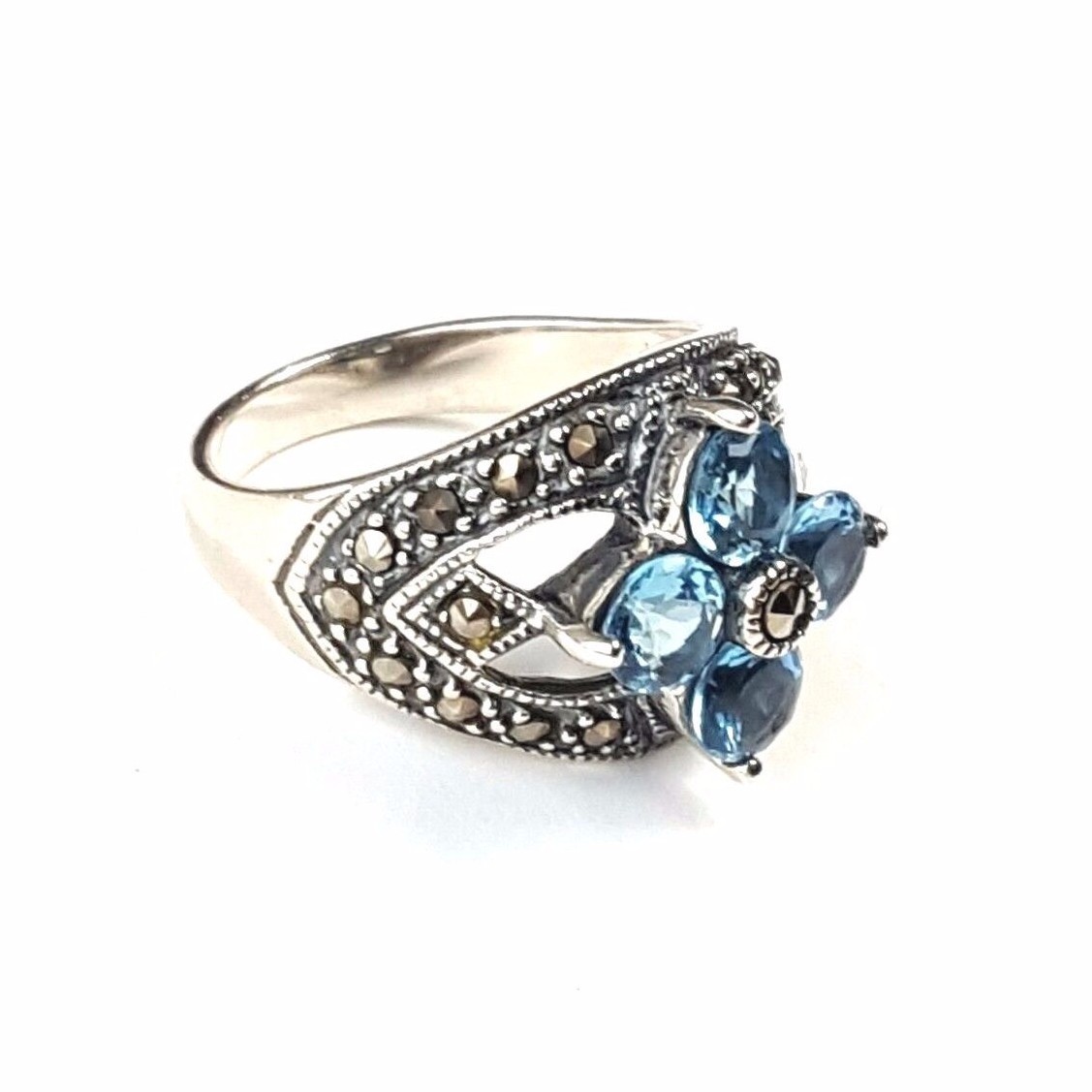(SIZE 6,7,8,9) BLUE TOPAZ FLOWER RING Marcasite .925 STERLING SILVER