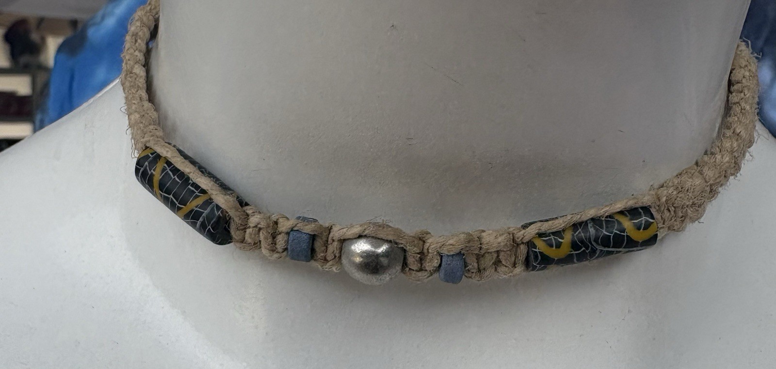 Beige Cord Choker Necklace Black Yellow Barrel Beads Silver-Tone Adjustable Tie