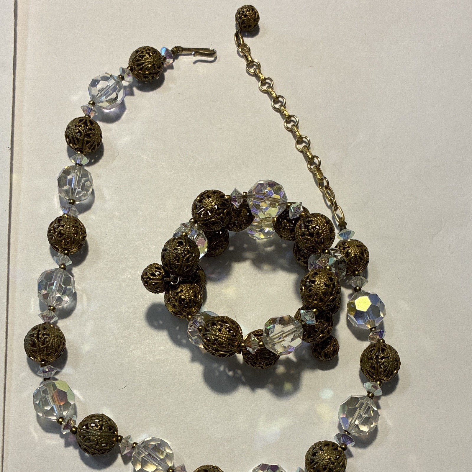 Vintage 16″ Aurora Borealis Crystal & Gold Filigree Choker & Bracelet Set