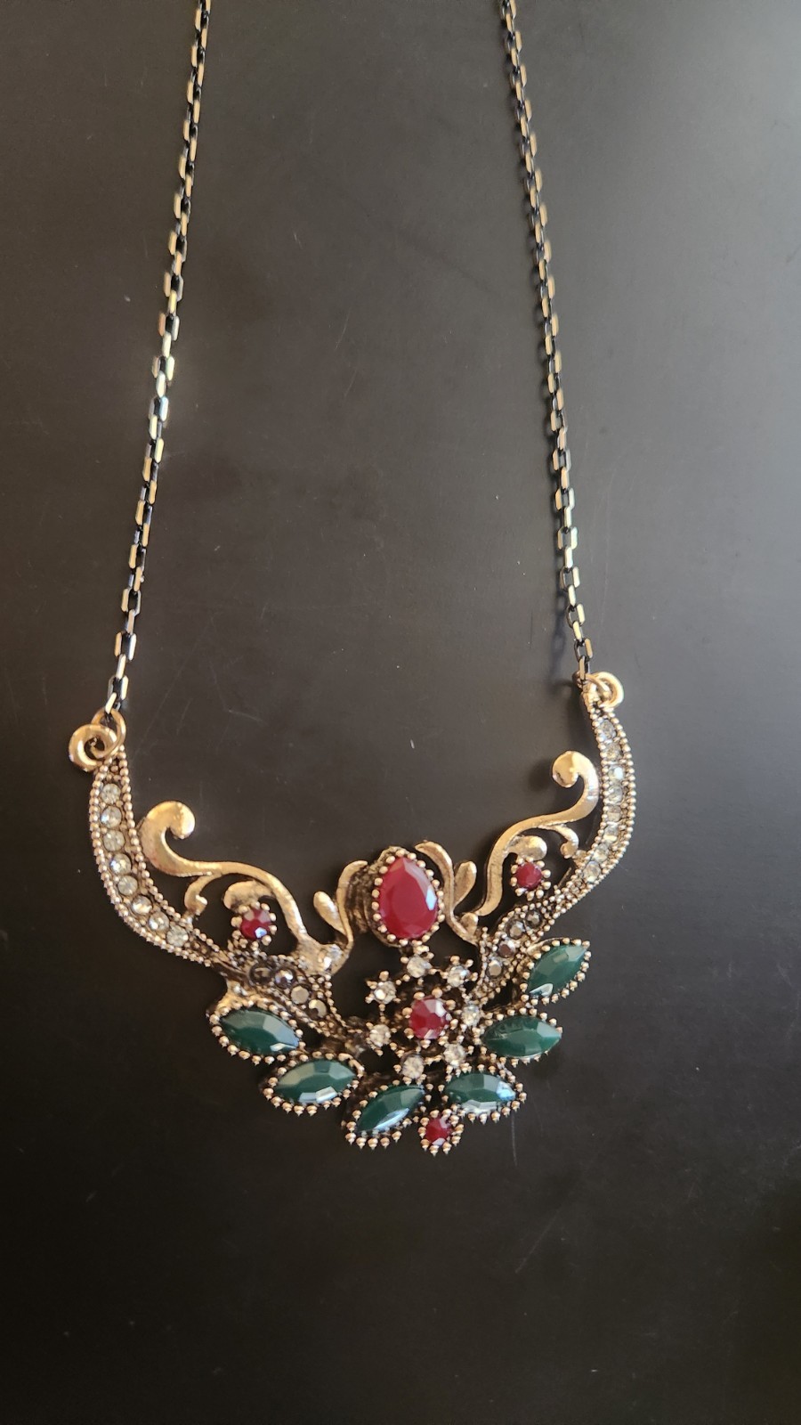 Vintage Style Turkish Necklace With Red & Green Simulated Ruby Emerald Gold New