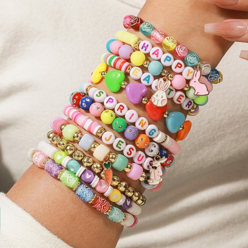 12Pcs Colorful Polymer Clay Beaded Multi-Layer Bunny and Carrot Easter Bracelets