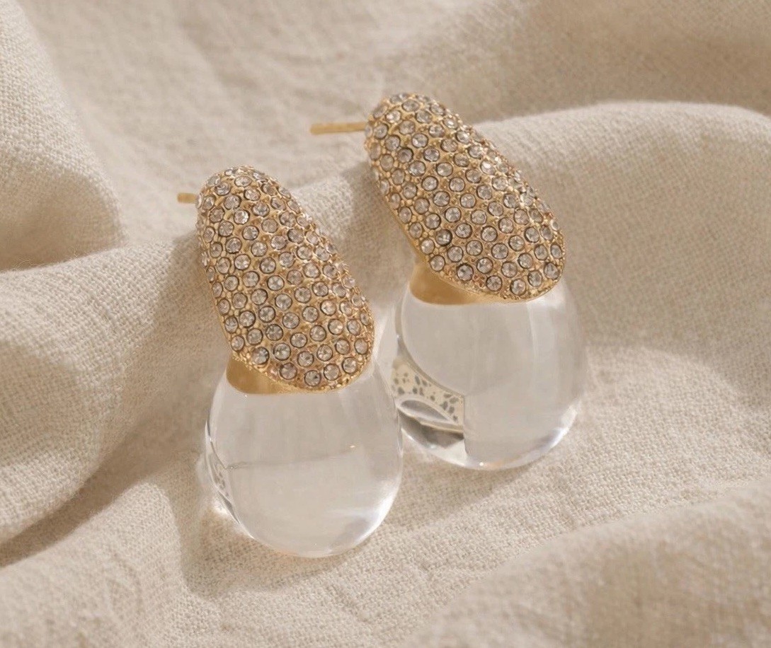 Teardrop Lucite Clear Earrings Gold Stud Boho Statement CZ Retro Fluid Molten