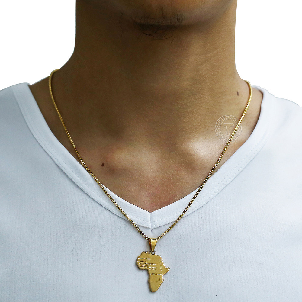 Gold Plated Stainless Steel Africa Continent Map Pendant Necklace Box Link Chain