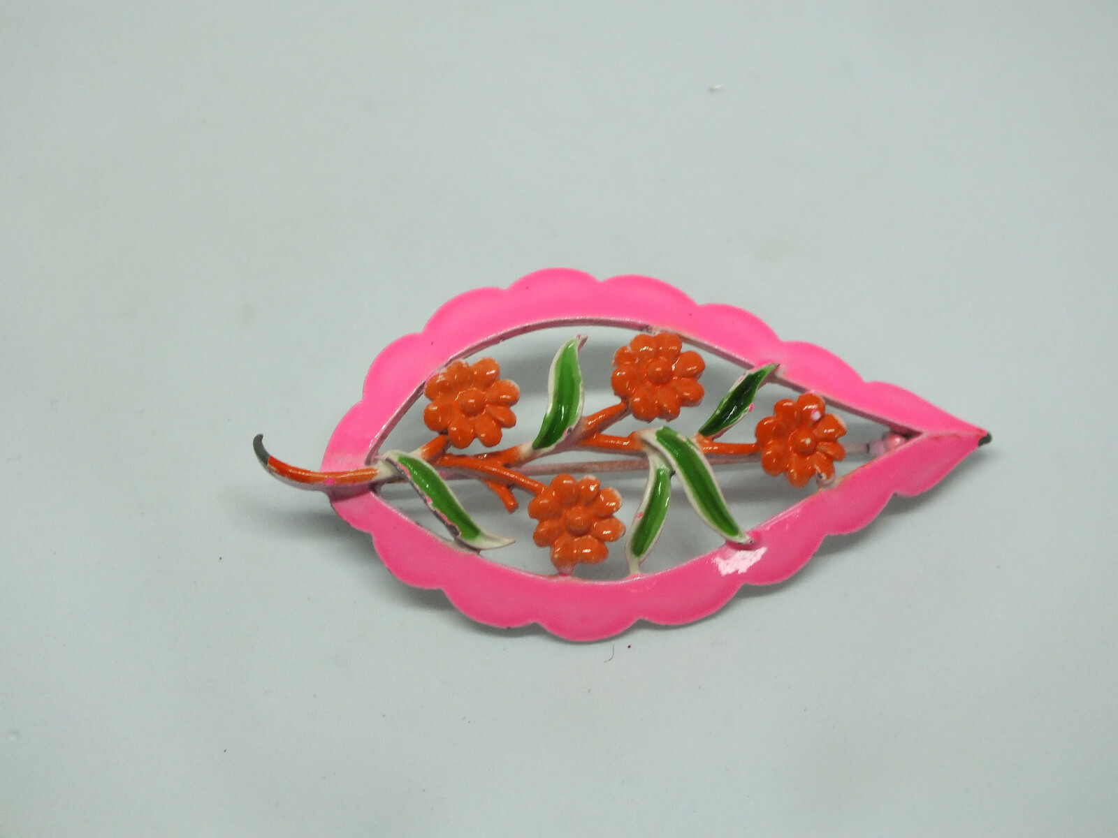 Beautiful Collectible Brooch Pin Flowers in Leaf Pink Orange Green Enamel 2 3/8