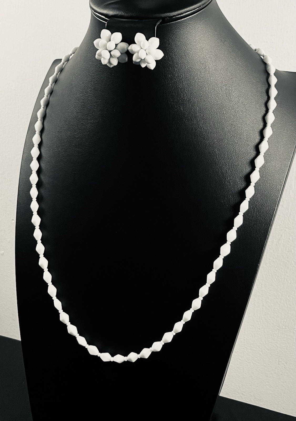 Vintage White Glass Necklace & Earring Set w/ Bonus Black Glass Necklace