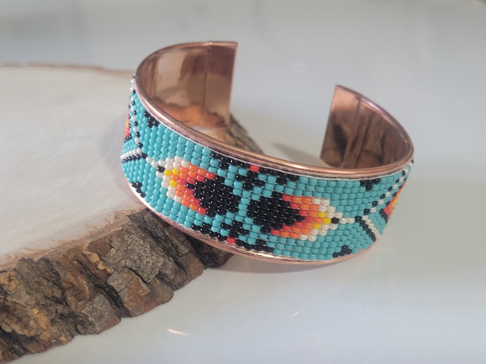 Native American Style Copper Seed Beaded Adjustable Bracelet Cuff Bangle