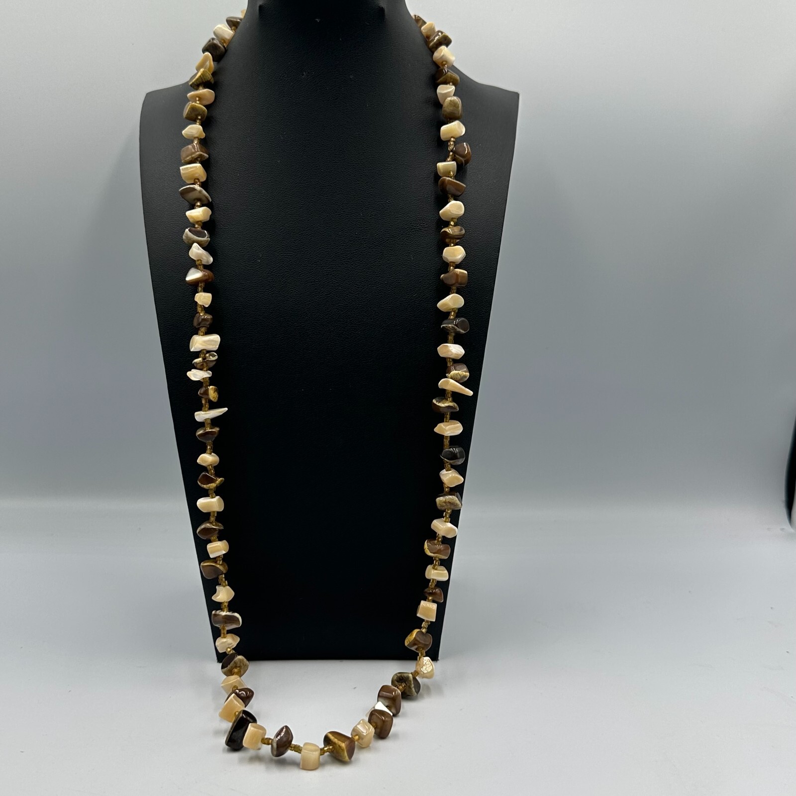 Neutral Tone Chip Bead Necklace Brown Beige Shell Look Single Strand Natural 28″