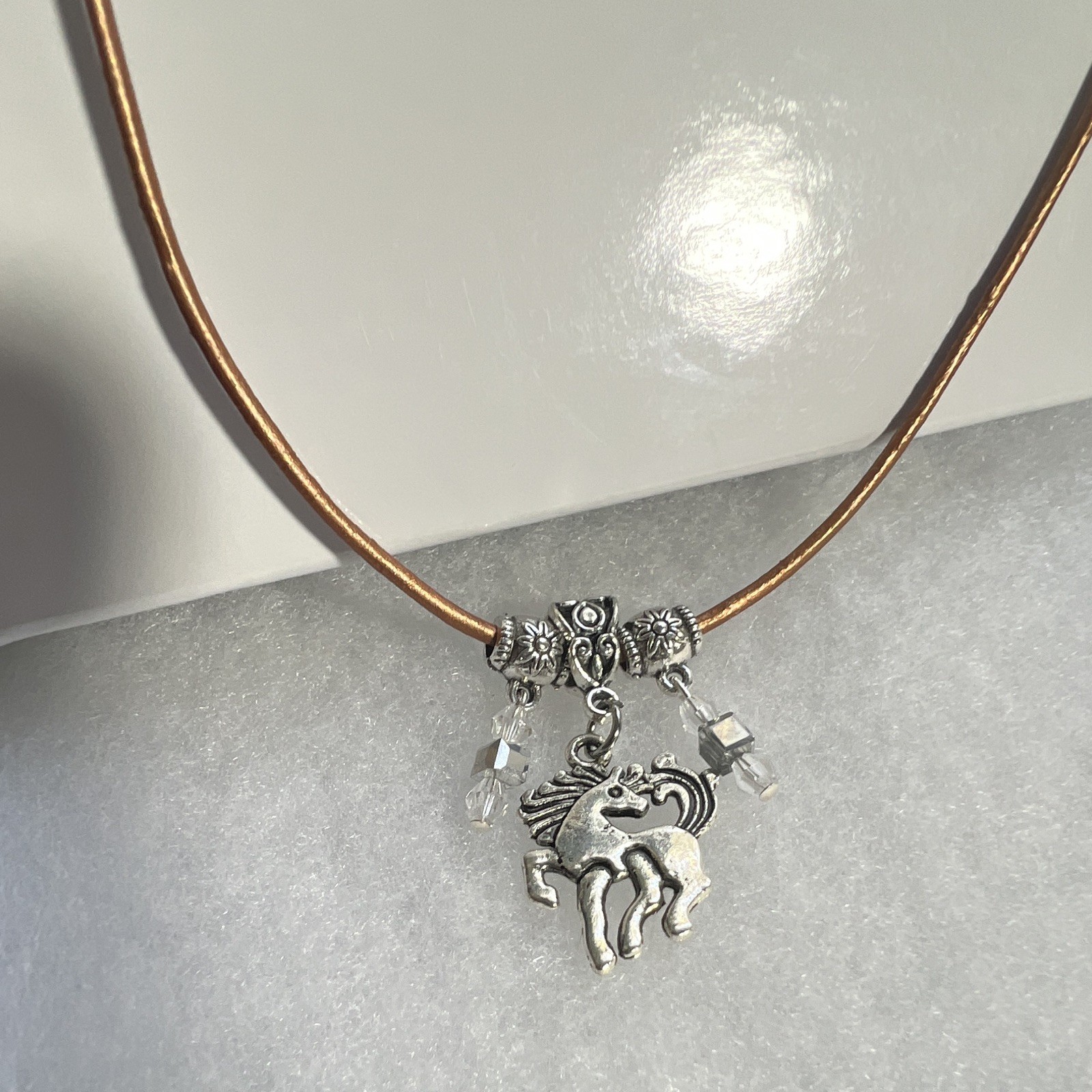 Silver horse crystals, leather cord, lobster, claw clasp 16 inch
