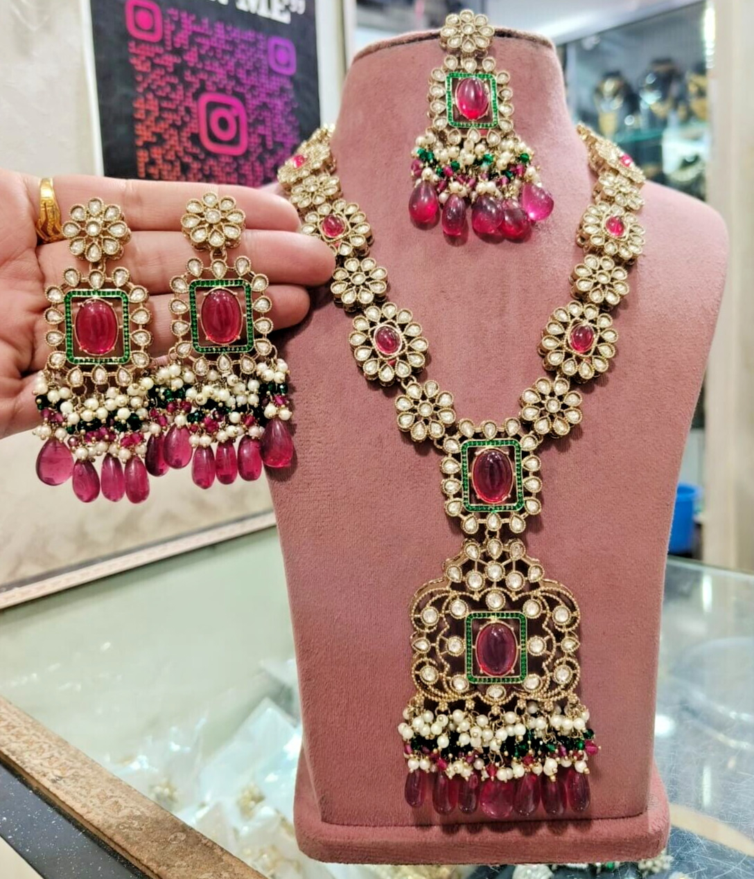 Elegant Red American Diamond inspired Sabyasachi Necklace Earring Jewelry Set