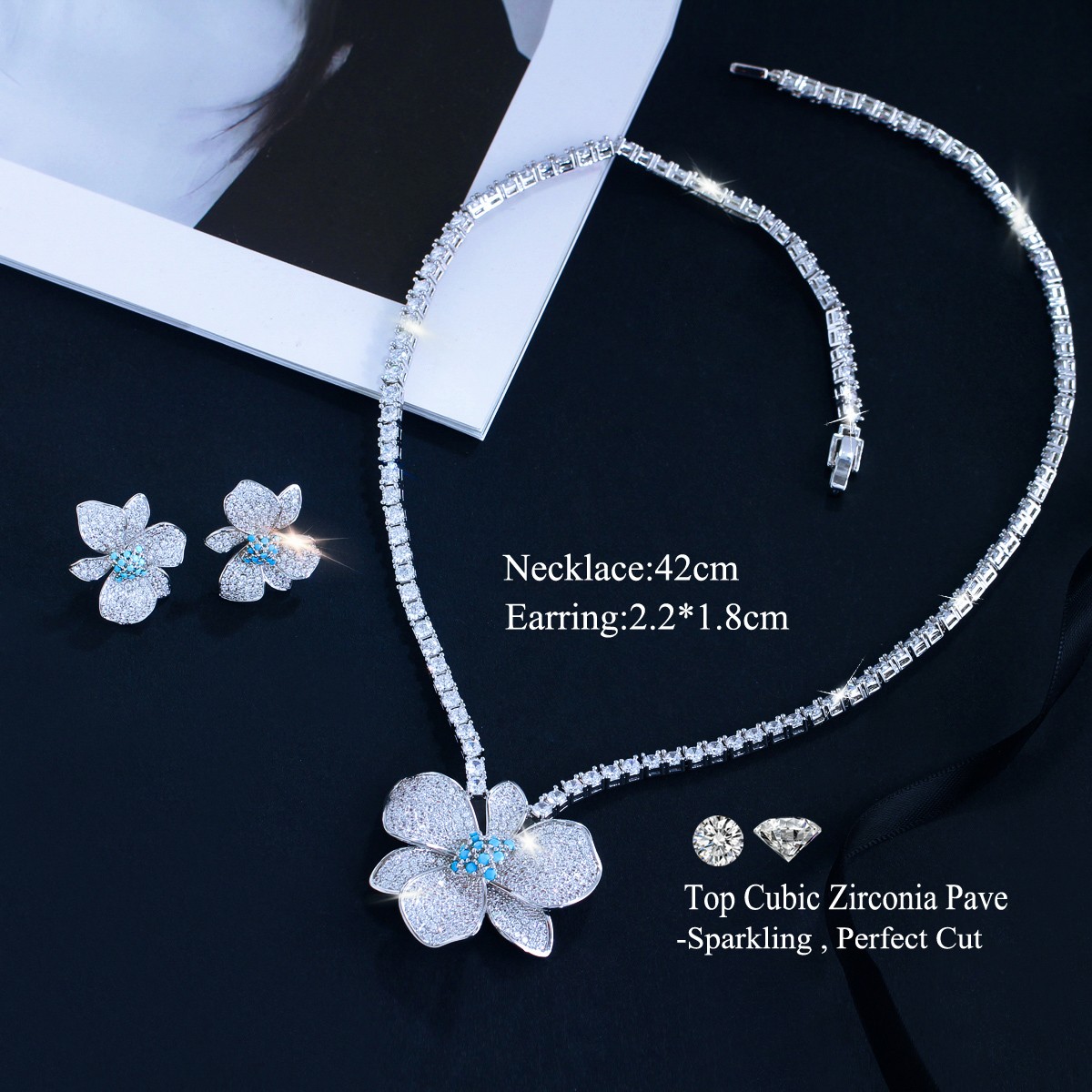 Silver Plated Big Flower Choker Necklace Earrings Bride CZ Turquoise Jewelry Set