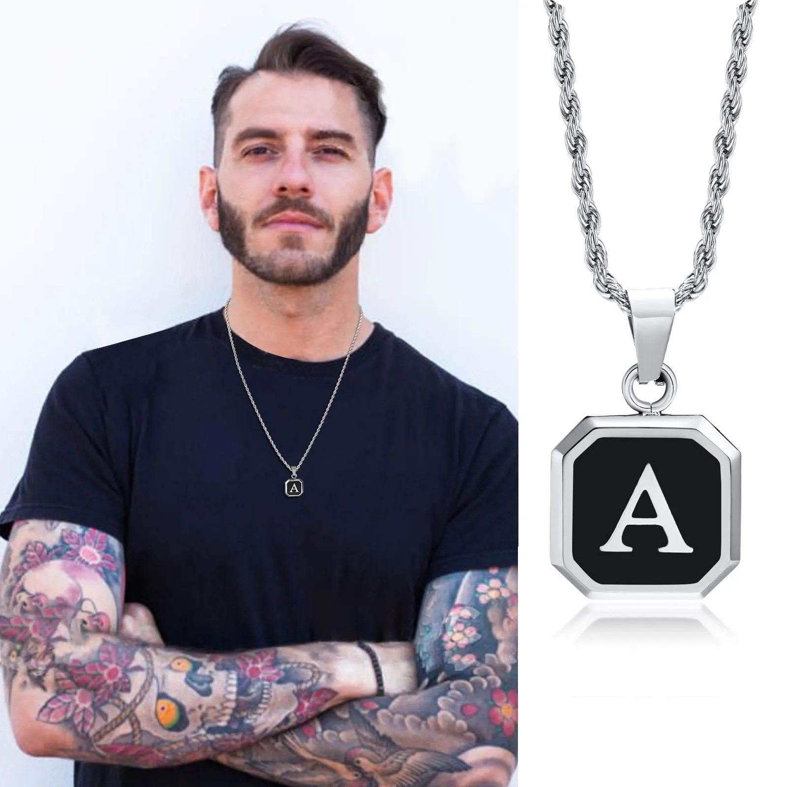 Initials Necklaces for Men Women,A-Z 26 Letters Black Square Stainless Steel Pen